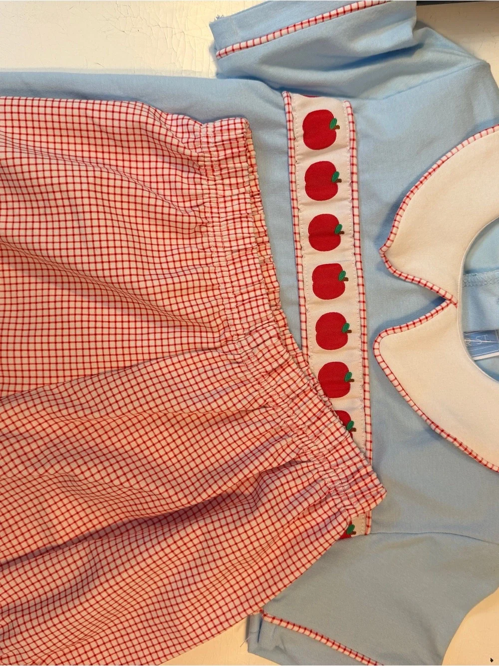 Light Blue Peter-Collar Kids Tee with Red Apple Smocking NWT